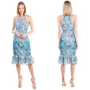 NWT Marchesa Notte Blue Floral Guipure Lace Midi Dress $795